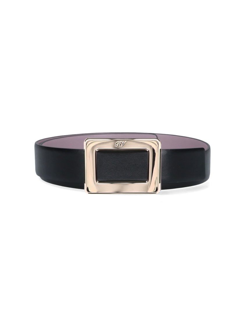 Roger Vivier Reversible Leather Belt With Polished Engraved Buckle In Black