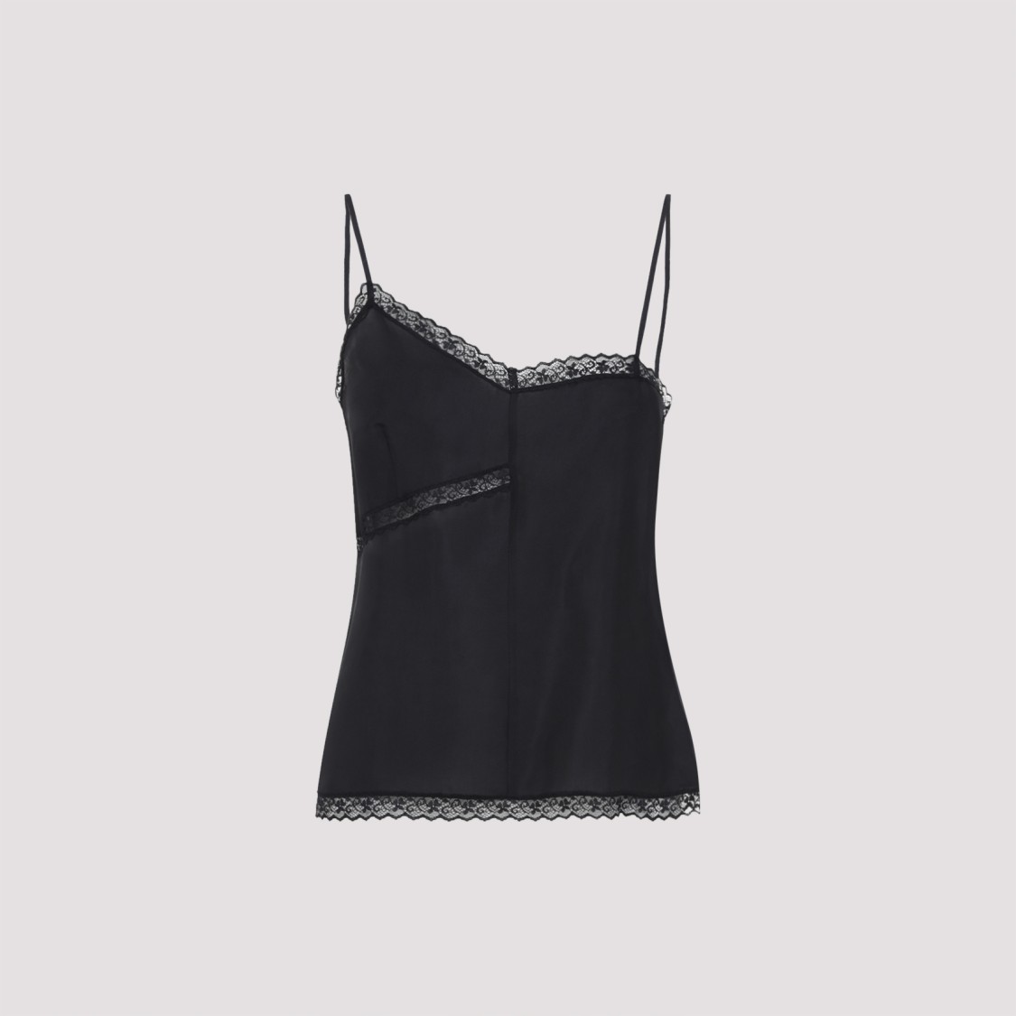 Mm6 Maison Margiela Lace-trimmed Asymmetric Silk Top In Black