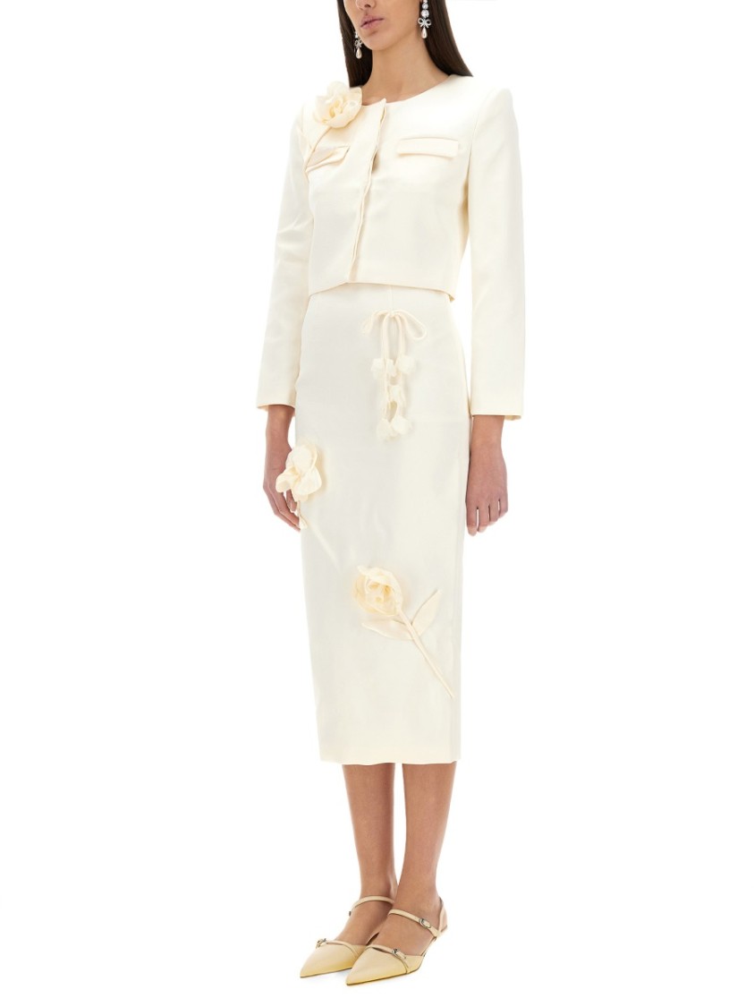 Self-portrait Satin Midi Skirt With 3d Flowers In Neutrals
