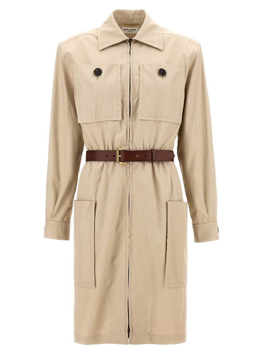 Saint Laurent Utility Dress With Belted Waist And Pockets In Neutral