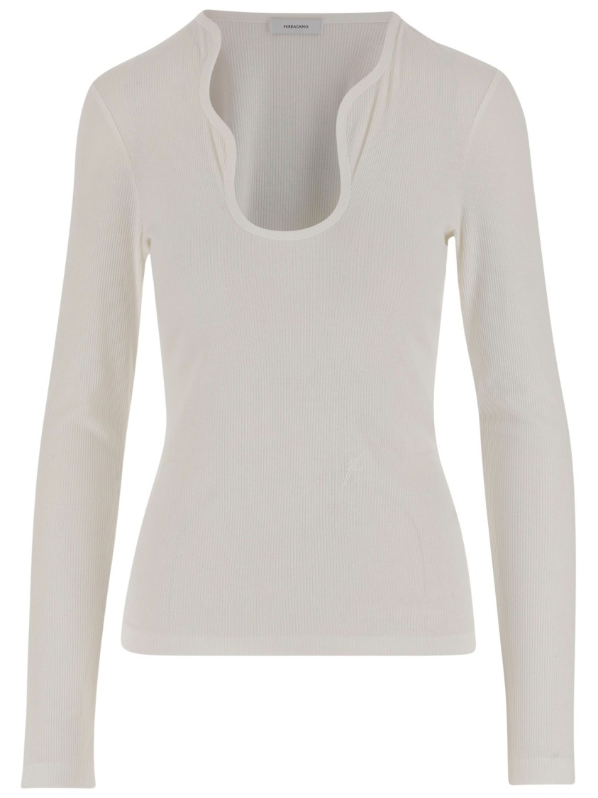 Ferragamo Cotton Top With Shaped Neckline In White