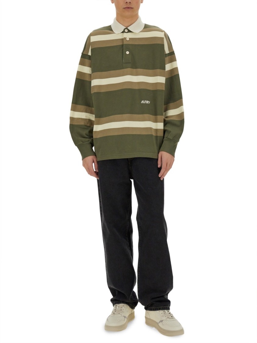 Autry Oversized Striped Polo In Earthy Tones In Green