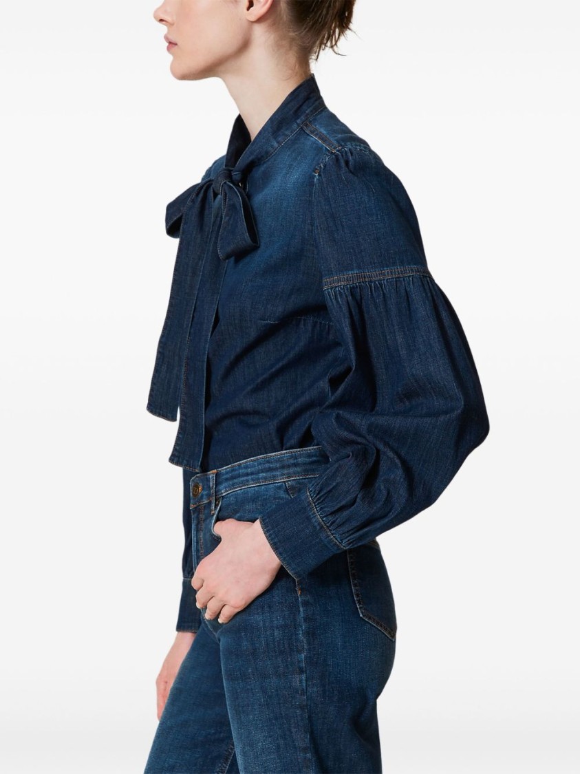 Shop Twinset Twin-set Denim Shirt With Bow Tie Detail In Blue
