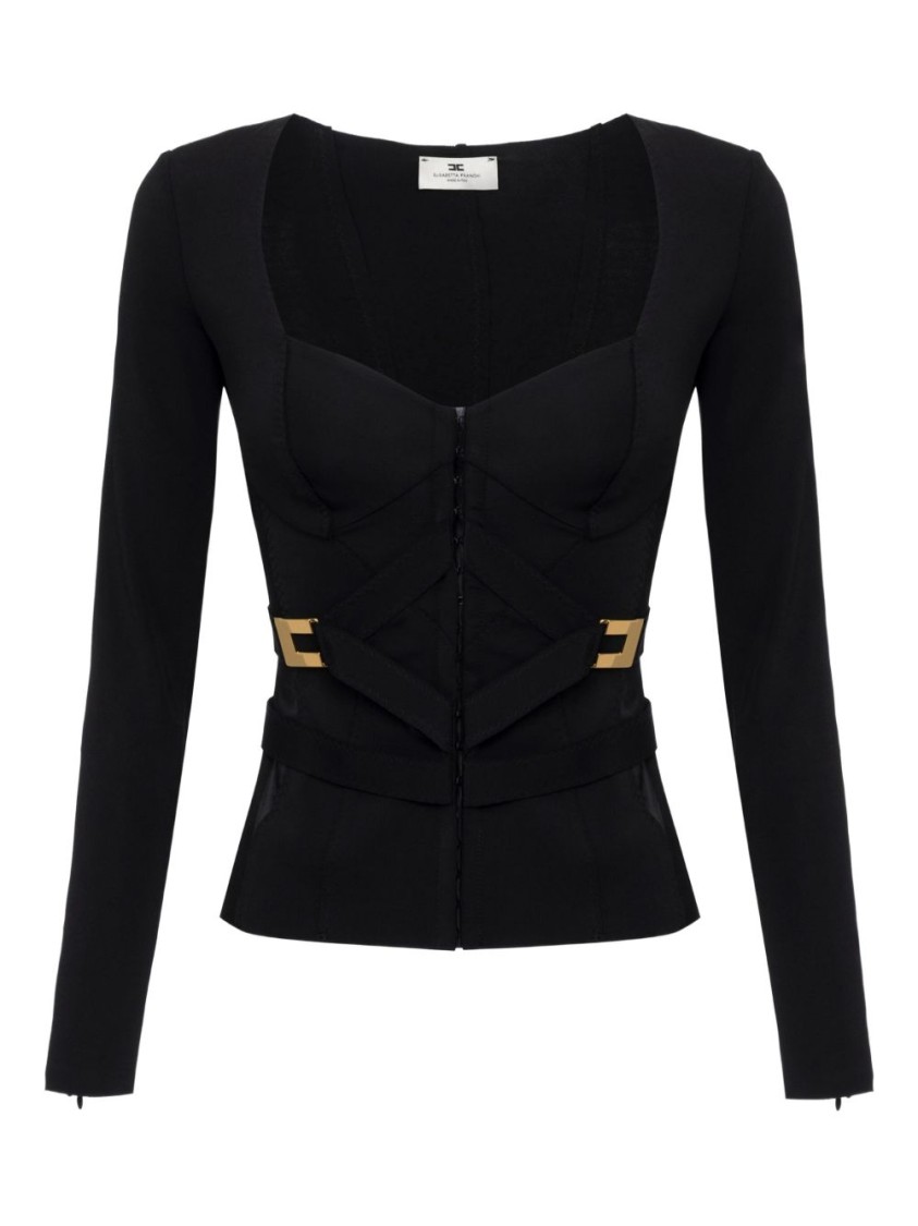 Elisabetta Franchi Cross-front Paneled Jacket With Sweetheart Neckline And Buckle Detailing In Black