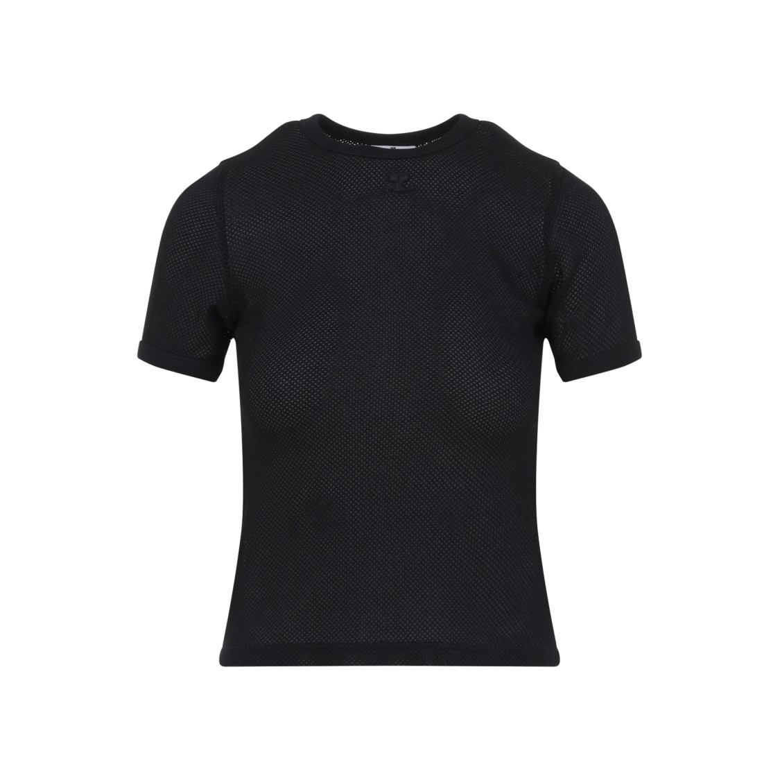 Courrèges Textured Mesh Black Short-sleeved Top In Black