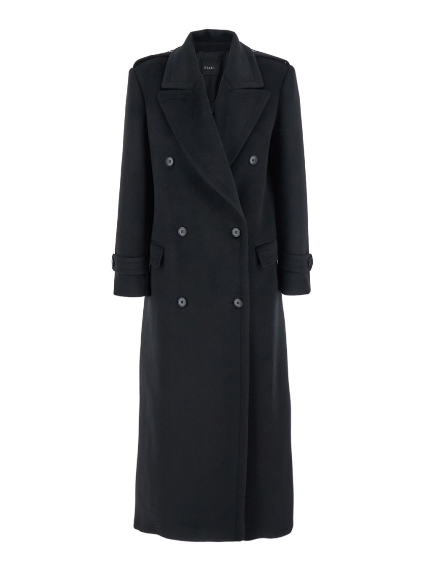 Plain Double Breasted Long Coat In Black