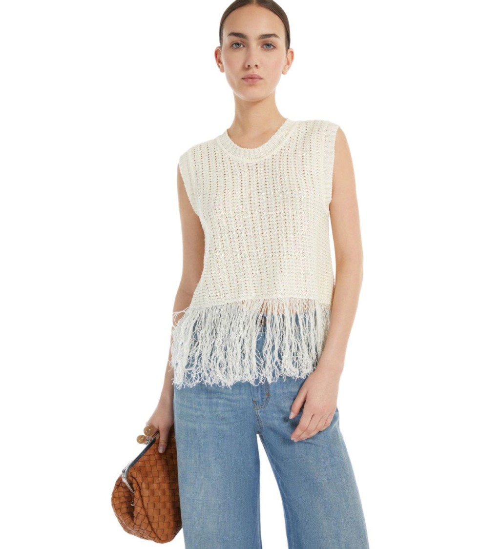 Max Mara Navetta White Fringed Top In Neutral