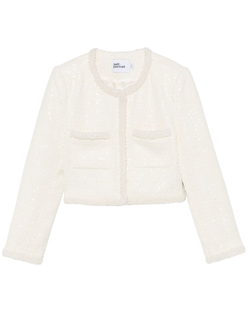 Shop Self-portrait Bouclé Faux-pearl-trim Jacket In White