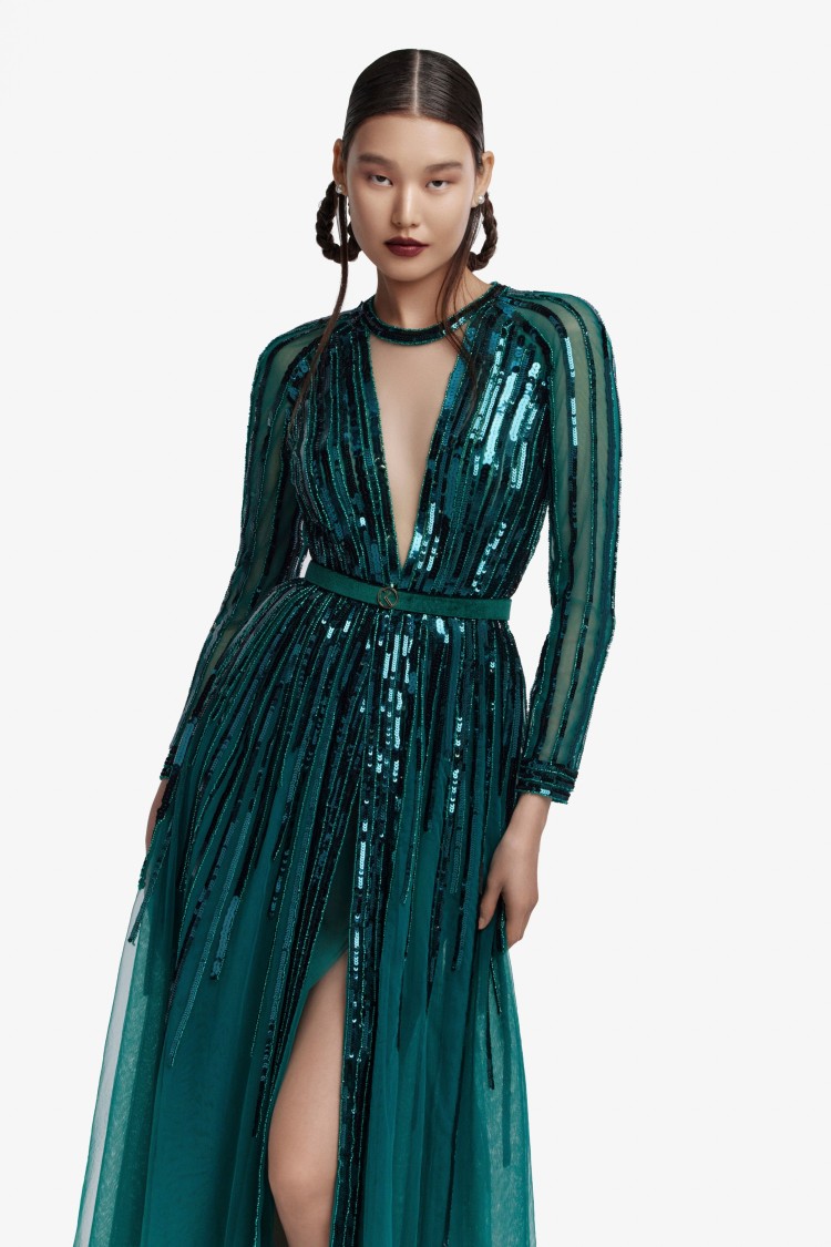 Saiid Kobeisy Sequin Long Sleeved Gown In Green