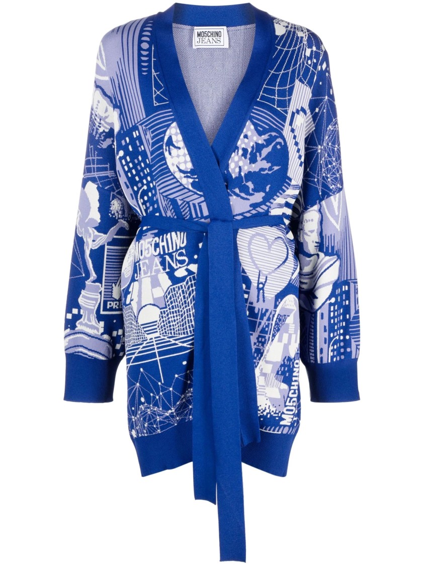 Moschino Relaxed Fit Cardigan With Graphic Print In Blue