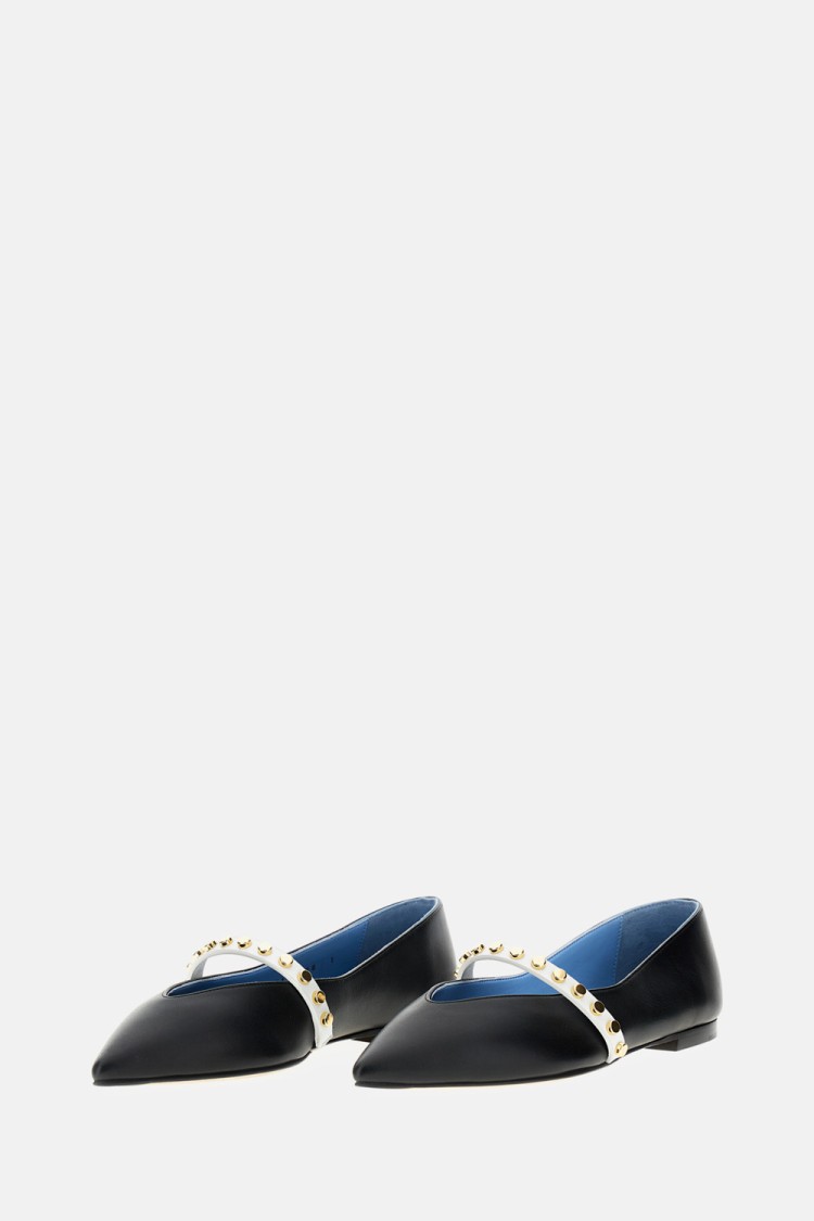 Alexander Mcqueen Pointed Toe Flats With Gold Studded Strap In Black