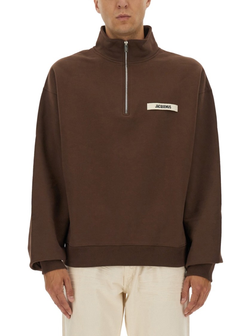 Jacquemus Grosgrain Sweatshirt With Turtleneck And Half-zip Closure In Brown