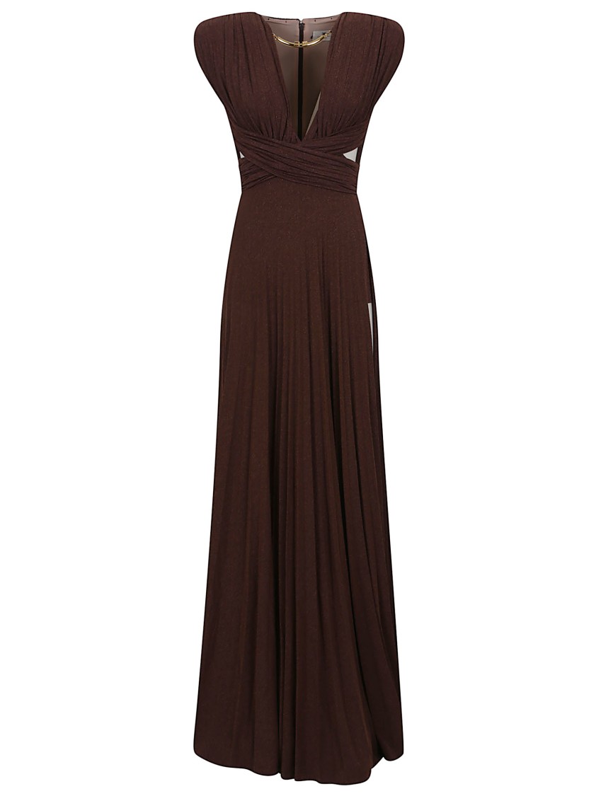 Elisabetta Franchi Pleated Brown Skirt With Crossover Bodice And V-neckline In Brown