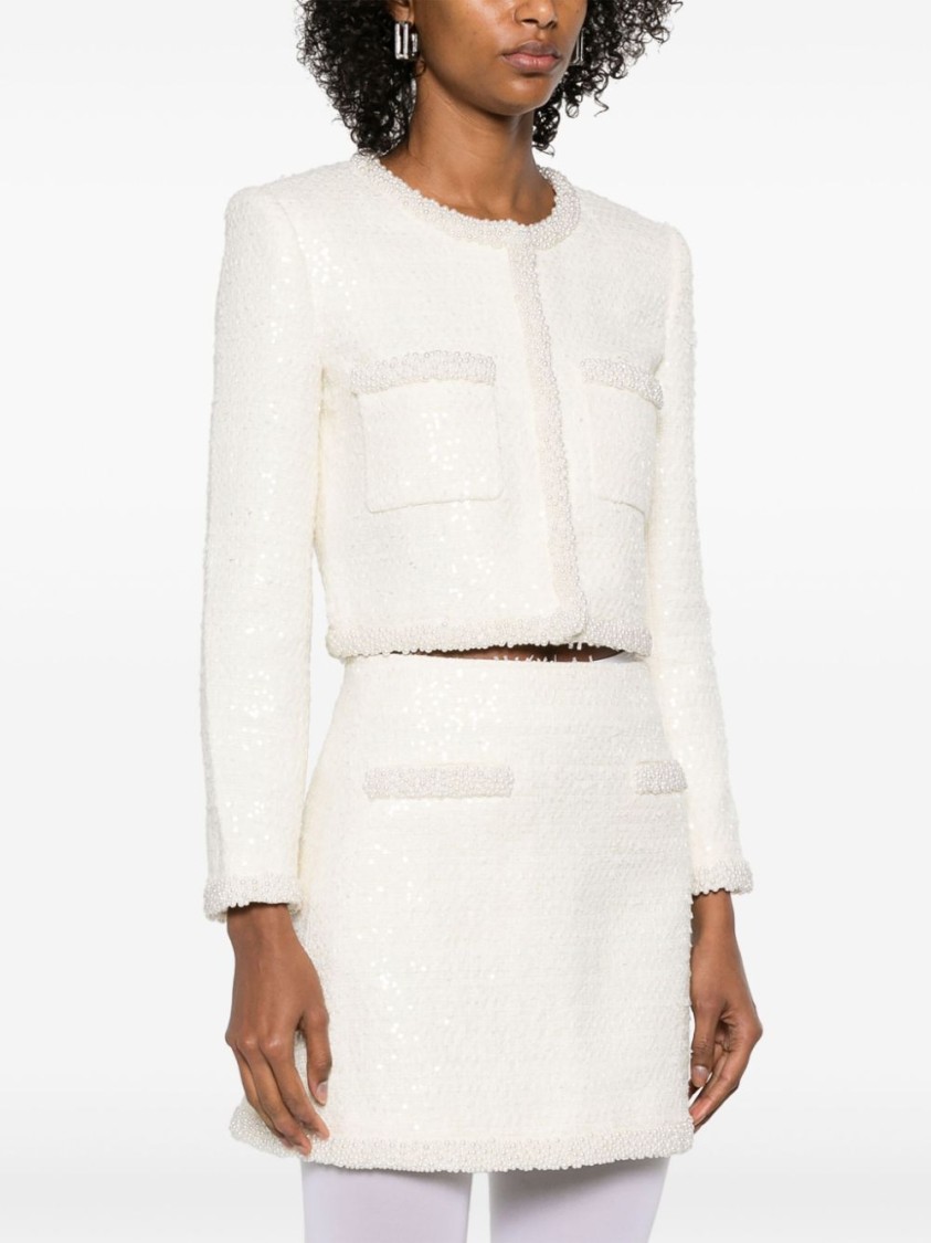 Self-portrait Bouclé Jacket With Pearls And Sequin Detail In Neutral