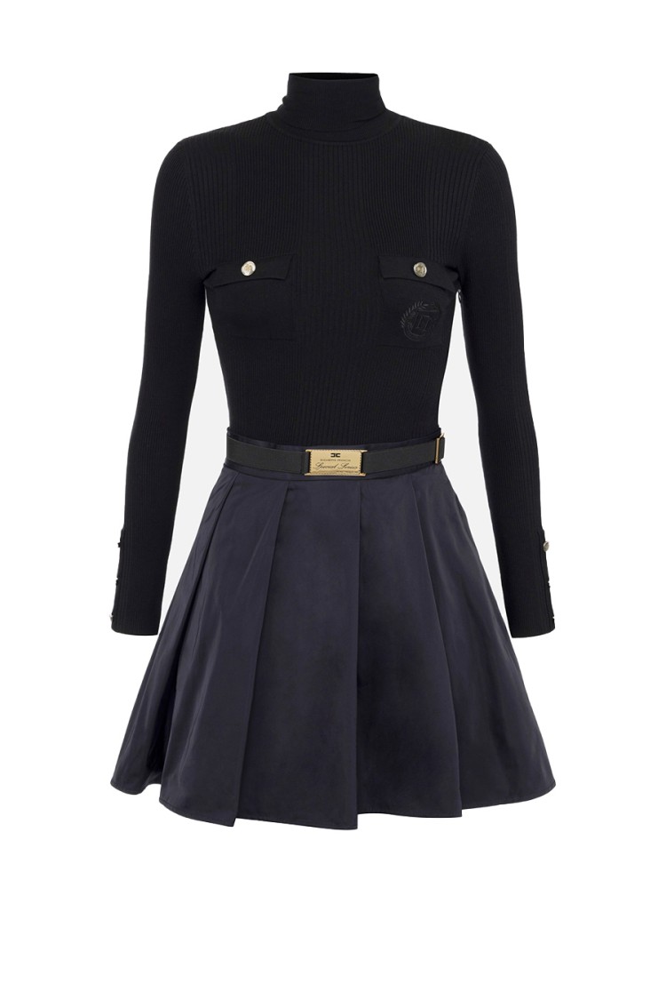 ELISABETTA FRANCHI ELISABETTA FRANCHI RIBBED BLACK DRESS WITH FLARED SKIRT