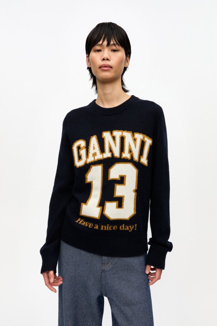 Ganni Women Logo Graphic Baseball Wool Mix Sweater
