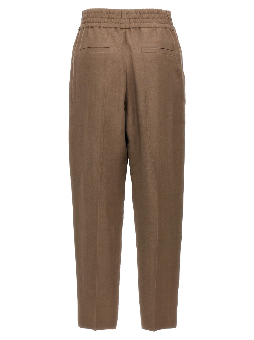 Brunello Cucinelli Brown Linen Blend Trousers With Elastic Waistband In Brown