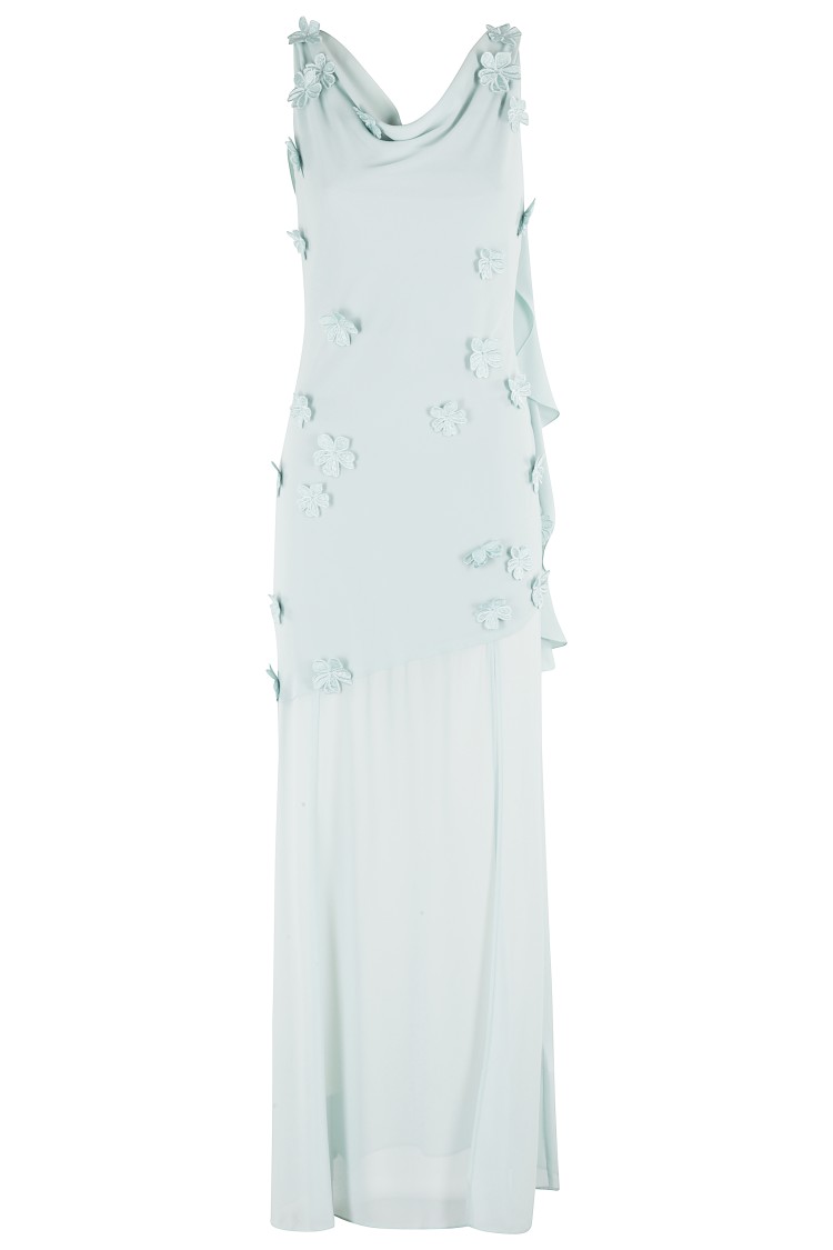 ROTATE BIRGER CHRISTENSEN ROTATE MAXI WATERFALL DRESS WITH 3D FLORAL APPLIQUÉS