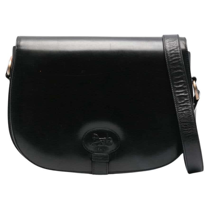 CELINE CELINE BLACK LEATHER CARRIAGE LOGO FLAP SHOULDER BAG