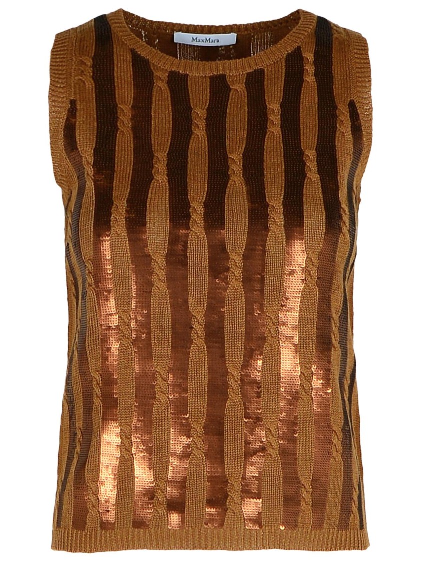 Max Mara Golia Linen Knitted Tank Top With Embroidered Sequin In Brown