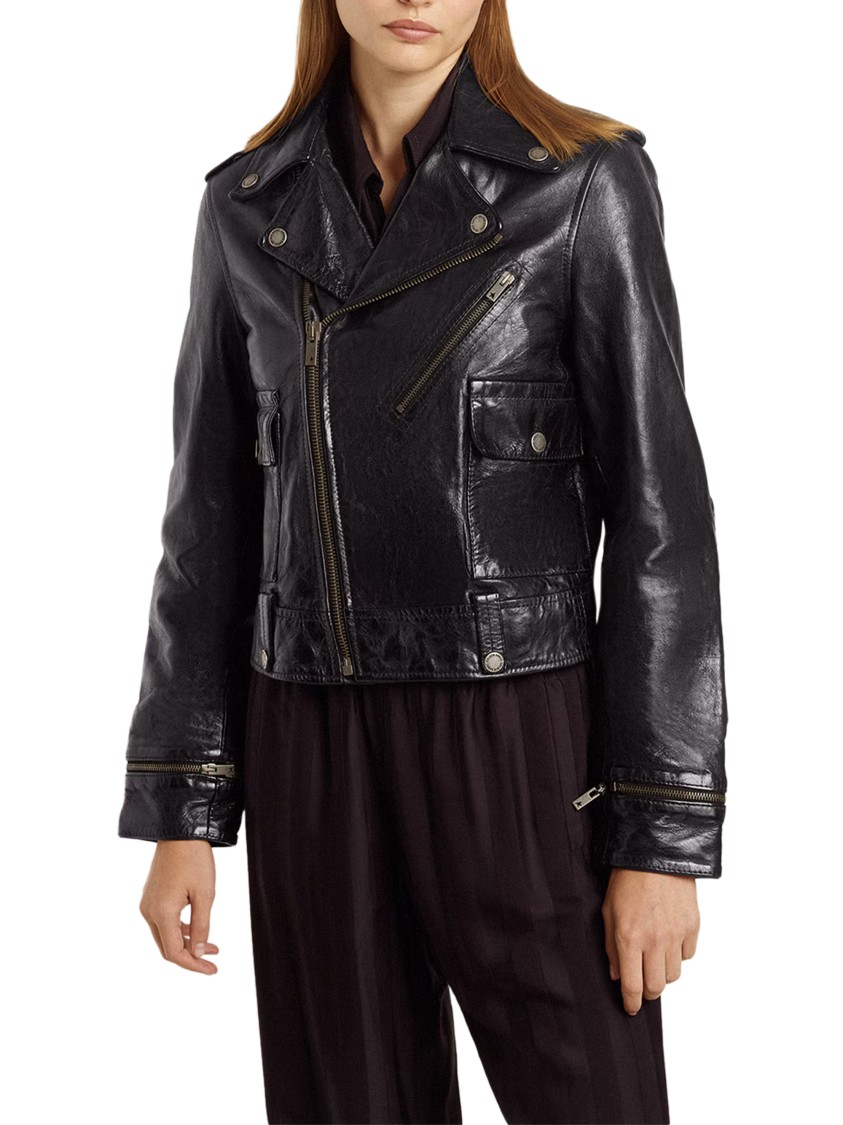 Golden Goose Black Leather Jacket With A Glossy Effect In Black