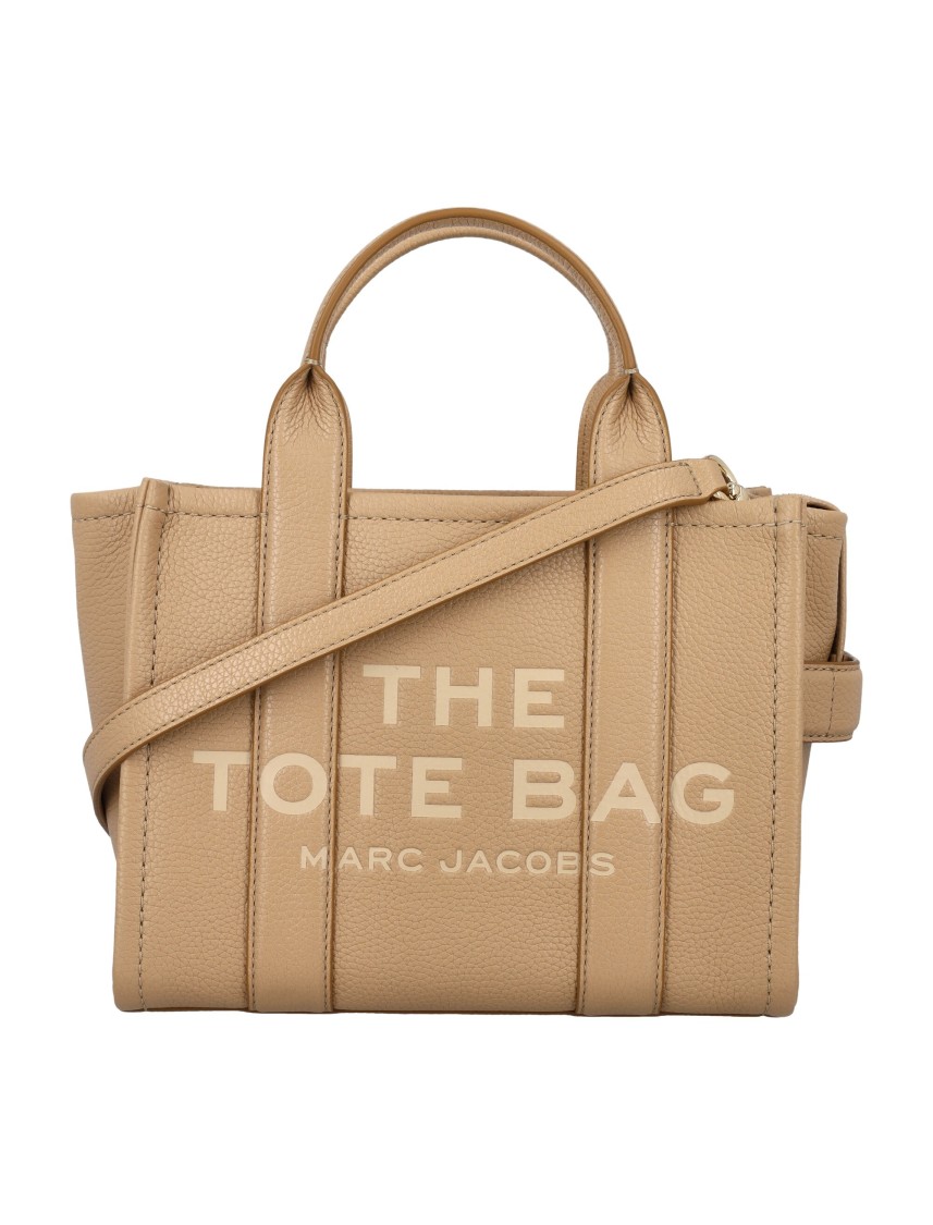 Marc Jacobs 'the Mini Tote' Beige Tote Bag With Logo Lettering On The Front In Grained Leather Woman In Brown