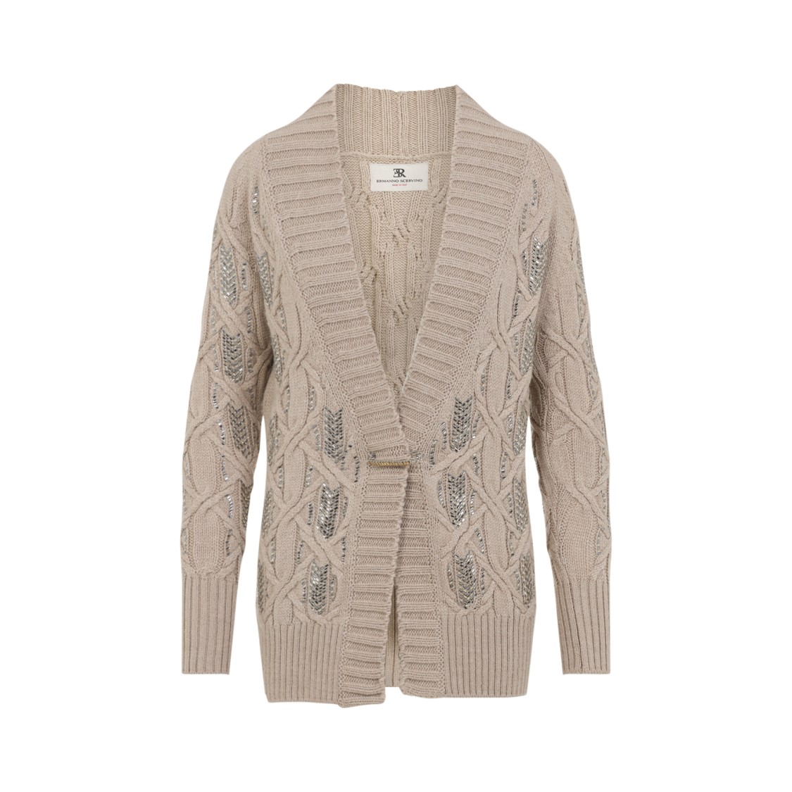 Ermanno Scervino Cable Knit Cardigan Crystal Embellishments In Neutral