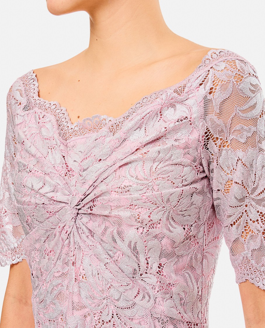 Rabanne Off-the-shoulder Twist-front Metallic Lace Maxi Dress In Silver