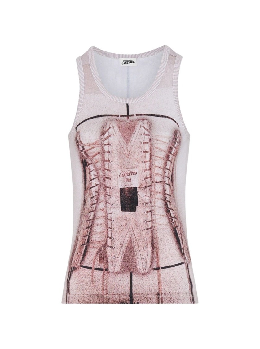Shop Jean Paul Gaultier Cotton Ribbed Corset Trompe-l'œil Tank Top Dusty Pink