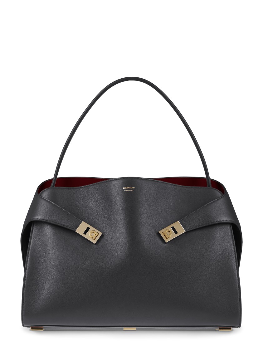 Ferragamo Structured Handbag With Fold-over Design And Gold-tone Hardware In Gray