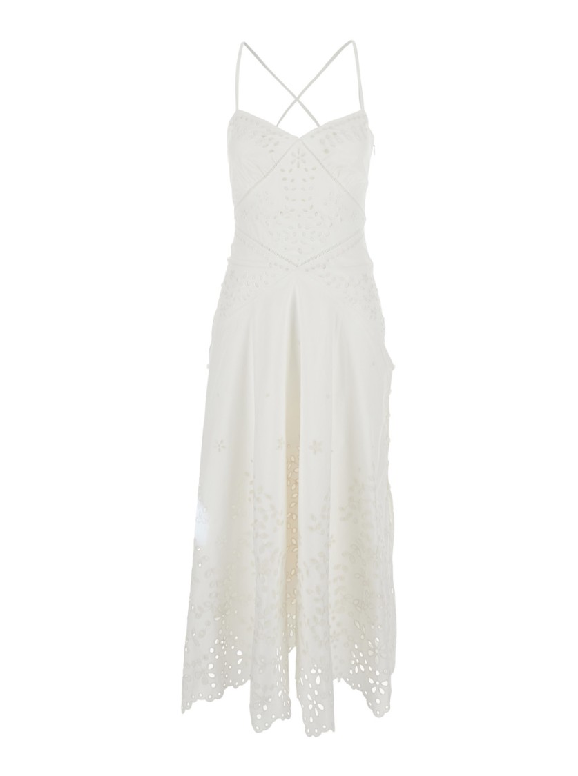 Self-portrait White Midi Dress With All-over Embroidery And Scallop Hem In Cotton Woman