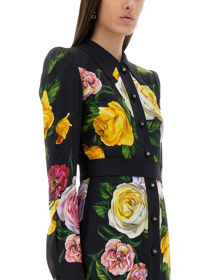 Dolce & Gabbana Calf-length Cady Shirt Dress With Peony And Rose Print In Black