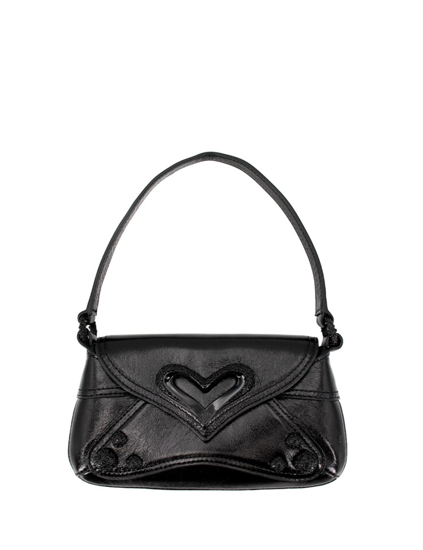 Pinko Vintage Patent-finish Black Handbag With Heart-shaped Buckle
