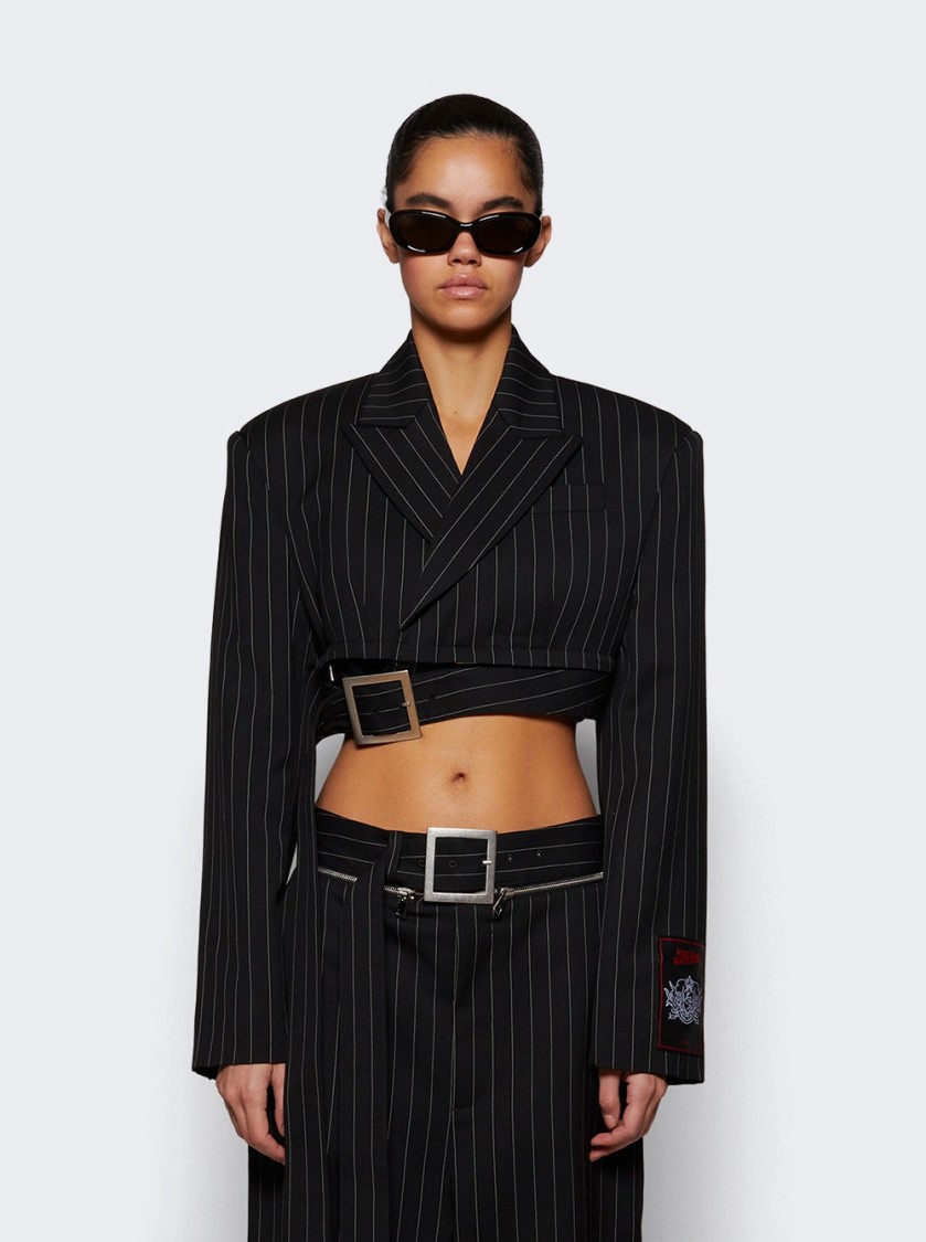 Jean Paul Gaultier Double-breasted Belted Cropped Pinstriped Wool-twill Blazer In Black