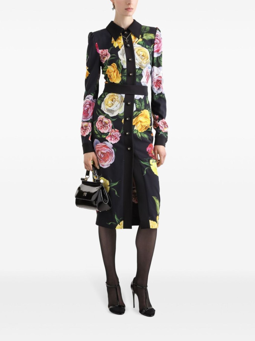 Dolce & Gabbana Multicolor Dress With Classic Collar And All-over Floral Print In Viscose Stretch Woman In Black