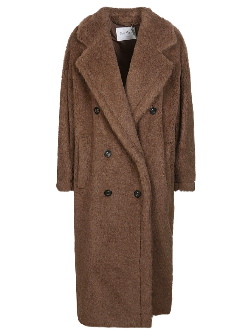 Max Mara Long Double-breasted Teddy Coat With Relaxed Fit In Brown