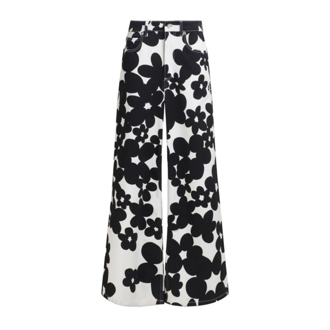 Marni Cotton Trousers With Black And White Dillies Print In Black