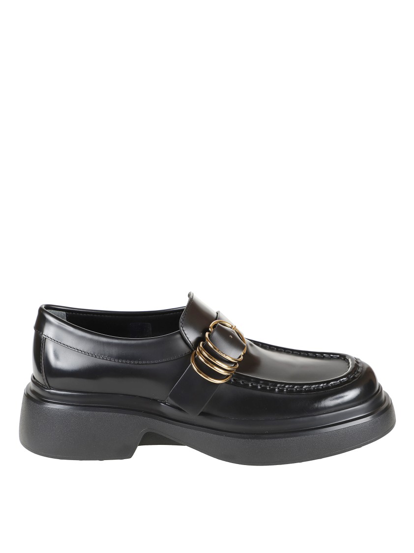 Tod's Rounded Toe Black Loafers With Buckle Detail In Black