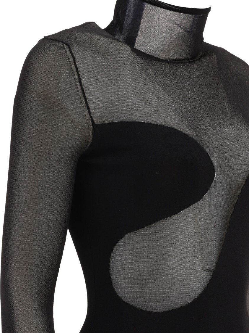 Nensi Dojaka Asymmetric Line Bodysuit With Sheer Sleeves And High Neck In Black