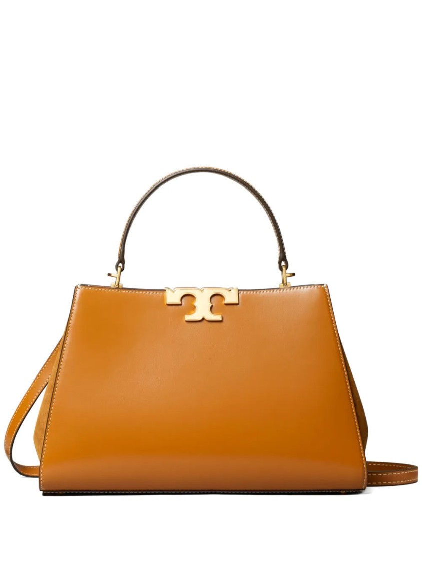 Tory Burch Structured Brown Leather Satchel With Suede Interior In Orange