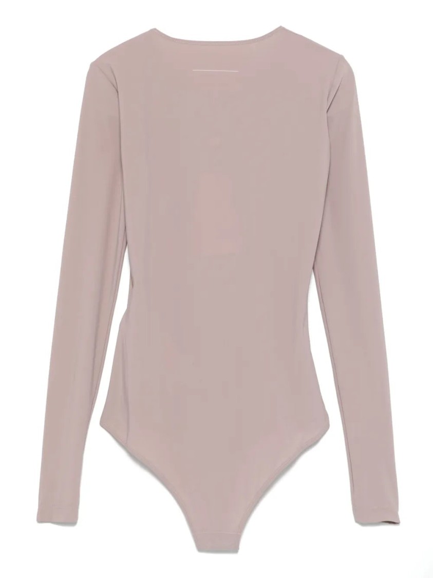 Mm6 Maison Margiela Mm6 By Maison Margiela Long-sleeved Bodysuit In Taupe Grey With Signature Motif In Pink