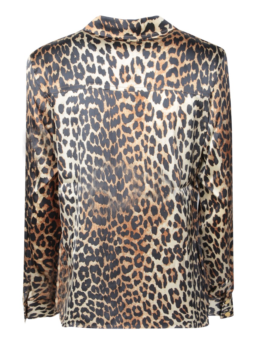 Ganni Leopard Pattern Satin Long Sleeve Shirt In Brown
