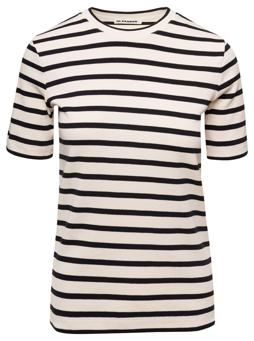 Jil Sander Black And White Knitted Striped T-shirt In Cotton Woman In White