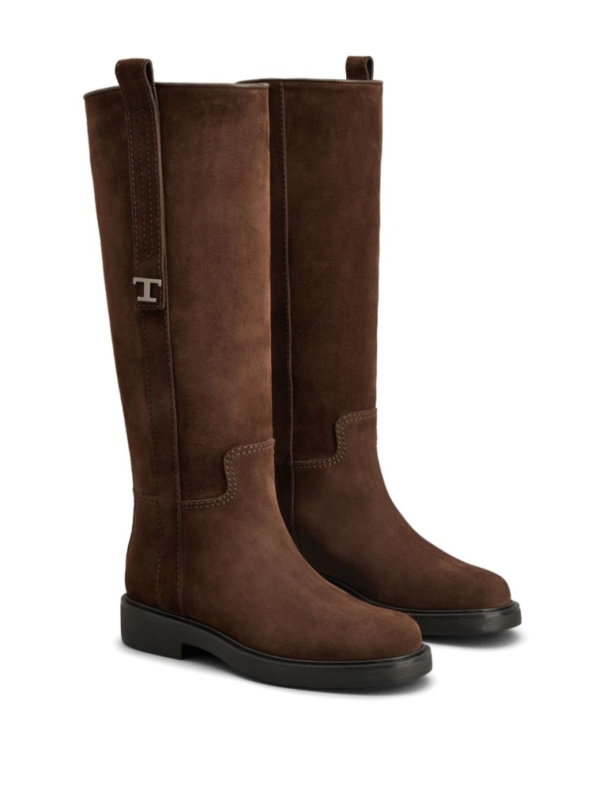 Tod's Long Brown Leather Boots With Strap Detail In Brown