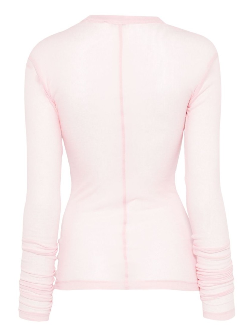 Bite Studios Ribbed Cotton Long-sleeve T-shirt With Gathered Sleeves In Pink