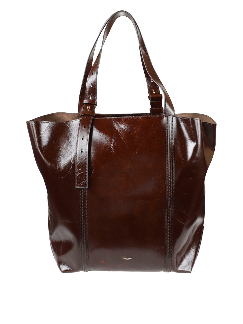 Golden Goose Structured Dark Brown Leather Tote Bag With Polished Finish In Brown