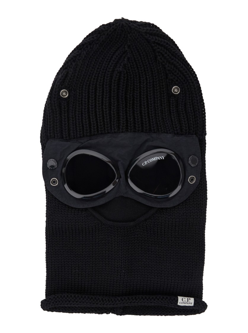 C.p. Company Black Knit Ski Mask With Logo Detail On The Front In Wool Man In Black