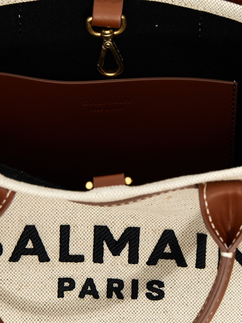 Balmain Mini Canvas And Leather Tote Bag With Adjustable Strap In Neutral