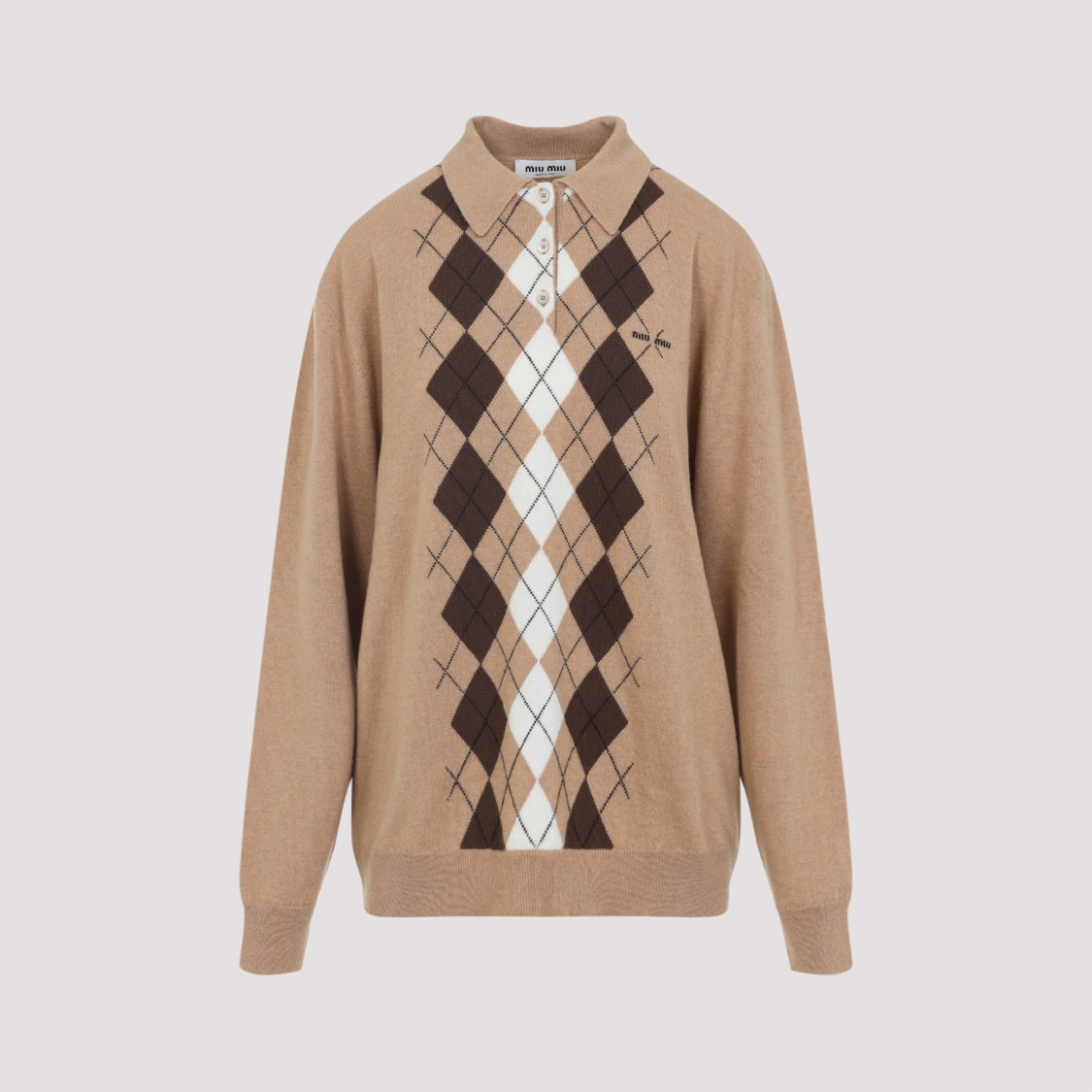 Miu Miu Argyle Pattern Cashmere Sweater With Polo Collar In Brown