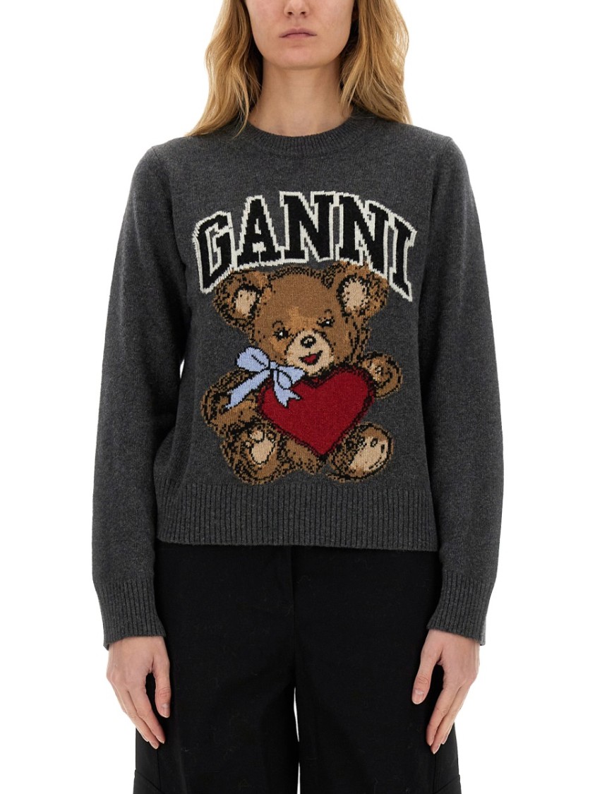 Ganni Wool Graphic Bear Crewneck Sweater In Grey